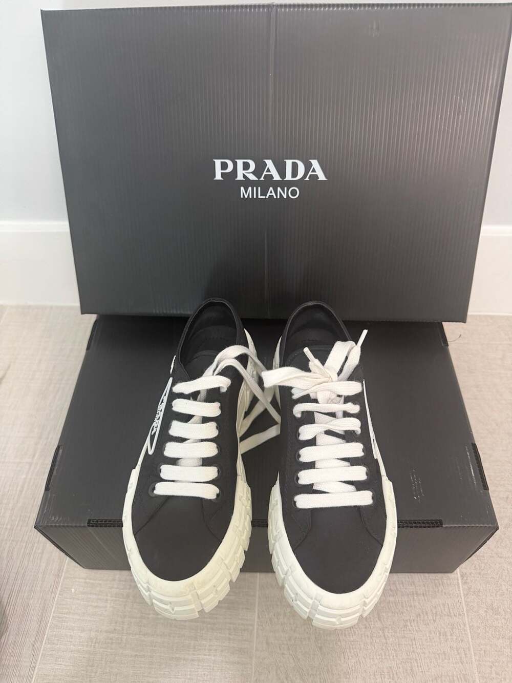 Prada Double Wheel Nylon Gabardine Low-Top Sneakers Black White - Picture 4 of 14